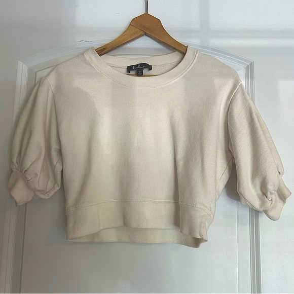 NWOT White Puff Sleeve Short Sleeve Cropped Sweatshirt - Picture 1 of 6